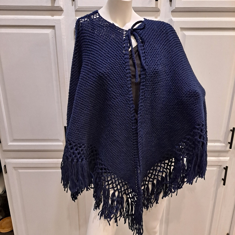 Artisan Navy Blue Knit Cape with Fringe